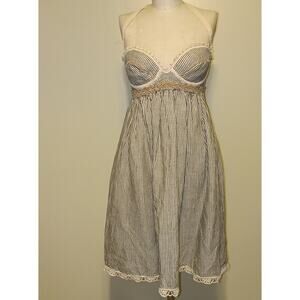 Deborah Lindquist Vintage Y2K Blue & Cream Striped Hemp & Cotton Halter Dress  S